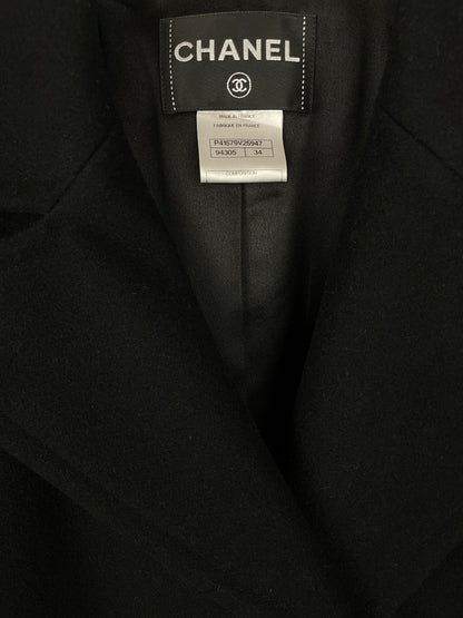 Top Quality Chanel Black Wool Coat with Square Ruthenium CC Logo Buttons Size FR 34 (UK 6)