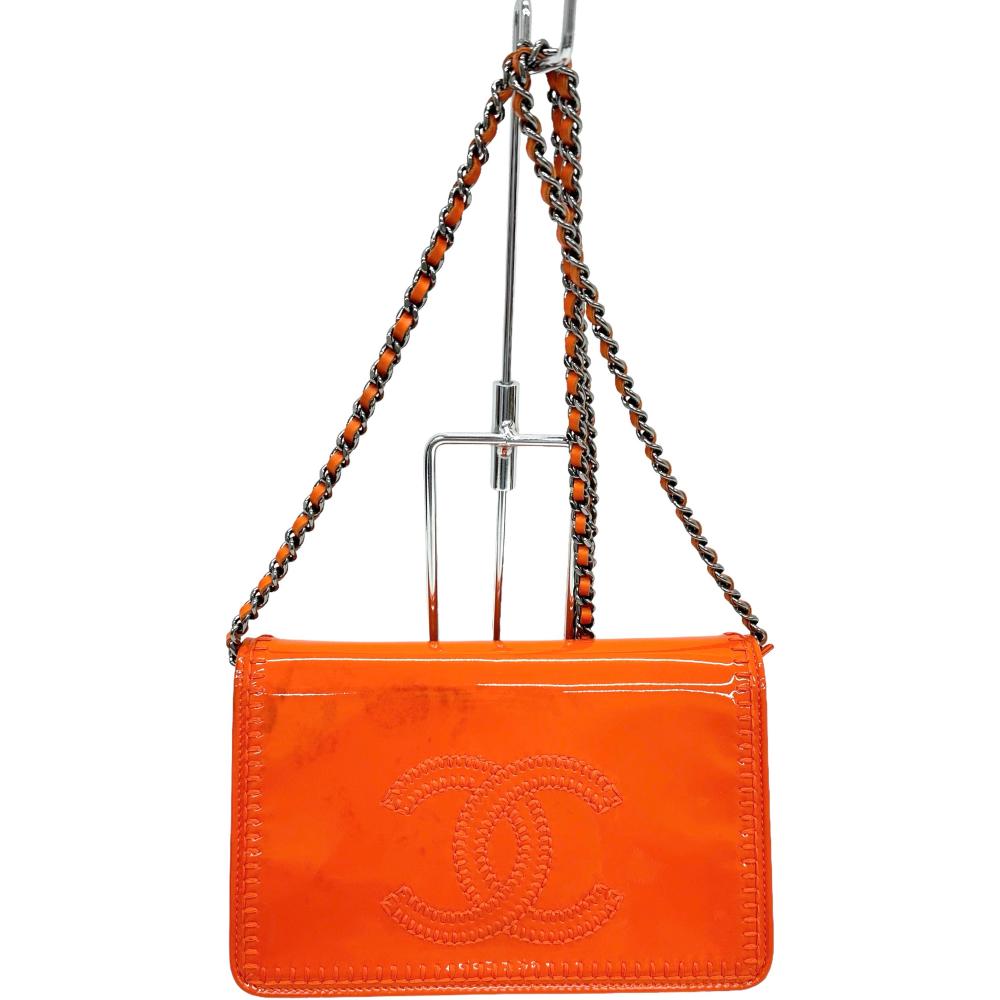 Top Quality Chanel Patent Leather Chain Wallet Orange