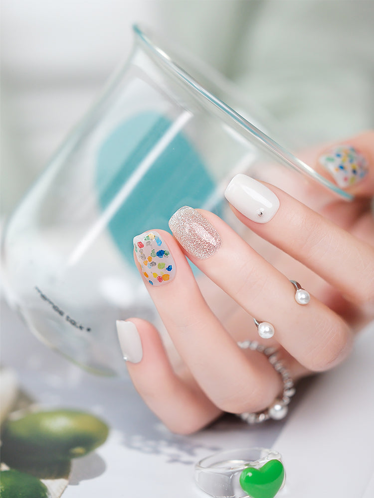 Rainbow Polka Dot Cute Cat Eye Press-On Nails with Sparkle