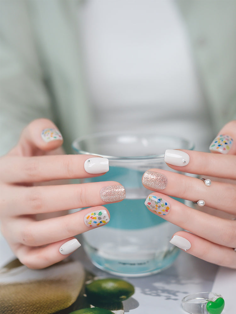 Rainbow Polka Dot Cute Cat Eye Press-On Nails with Sparkle