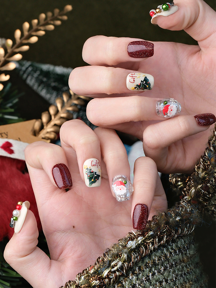 3D Hand-Painted Cat Eye Santa Nails