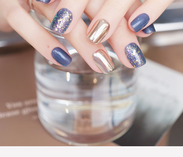 Glitter and Gold Flake Sea Blue Handcrafted Press-On Nails