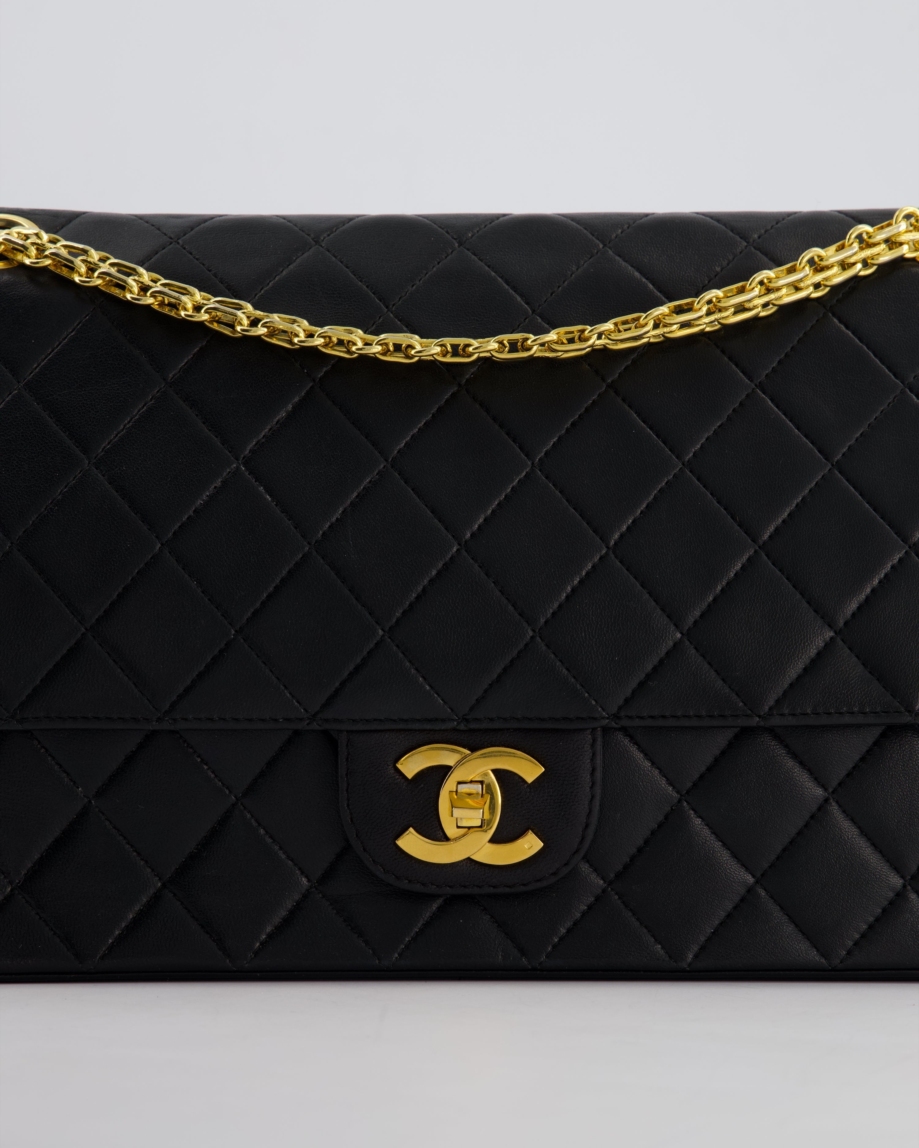 Top Quality Chanel Black Vintage Medium Lambskin Classic Flap with Stitched Edge and 24K Gold Hardware