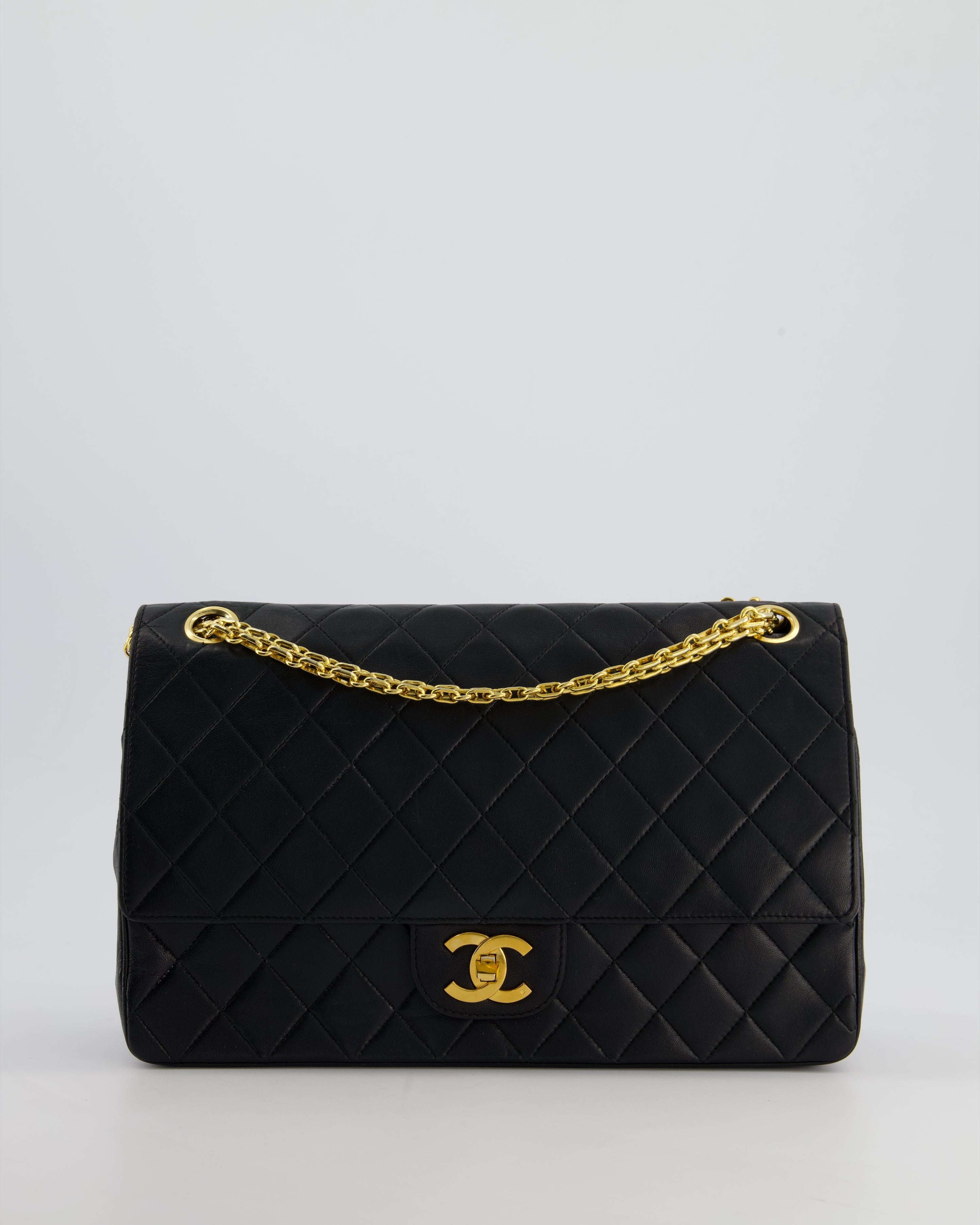 Top Quality Chanel Black Vintage Medium Lambskin Classic Flap with Stitched Edge and 24K Gold Hardware