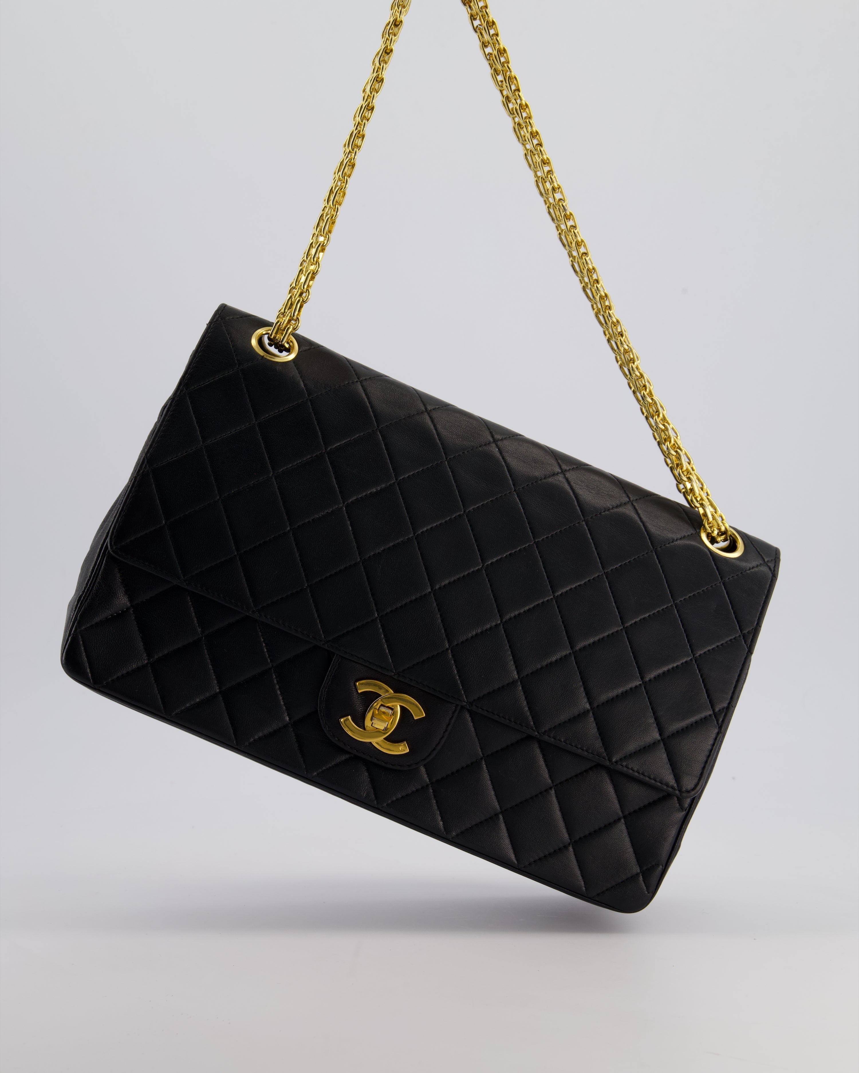 Top Quality Chanel Black Vintage Medium Lambskin Classic Flap with Stitched Edge and 24K Gold Hardware