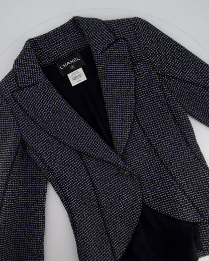 Top Quality Chanel Black & Grey Metallic Tweed Curved Hem Jacket with Ruthenium CC Button Detail FR 36 (UK 8)