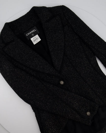 Top Quality Chanel Black Coated Tweed Curved Hem Jacket with Silver CC Button Detail FR 36 (UK 8)