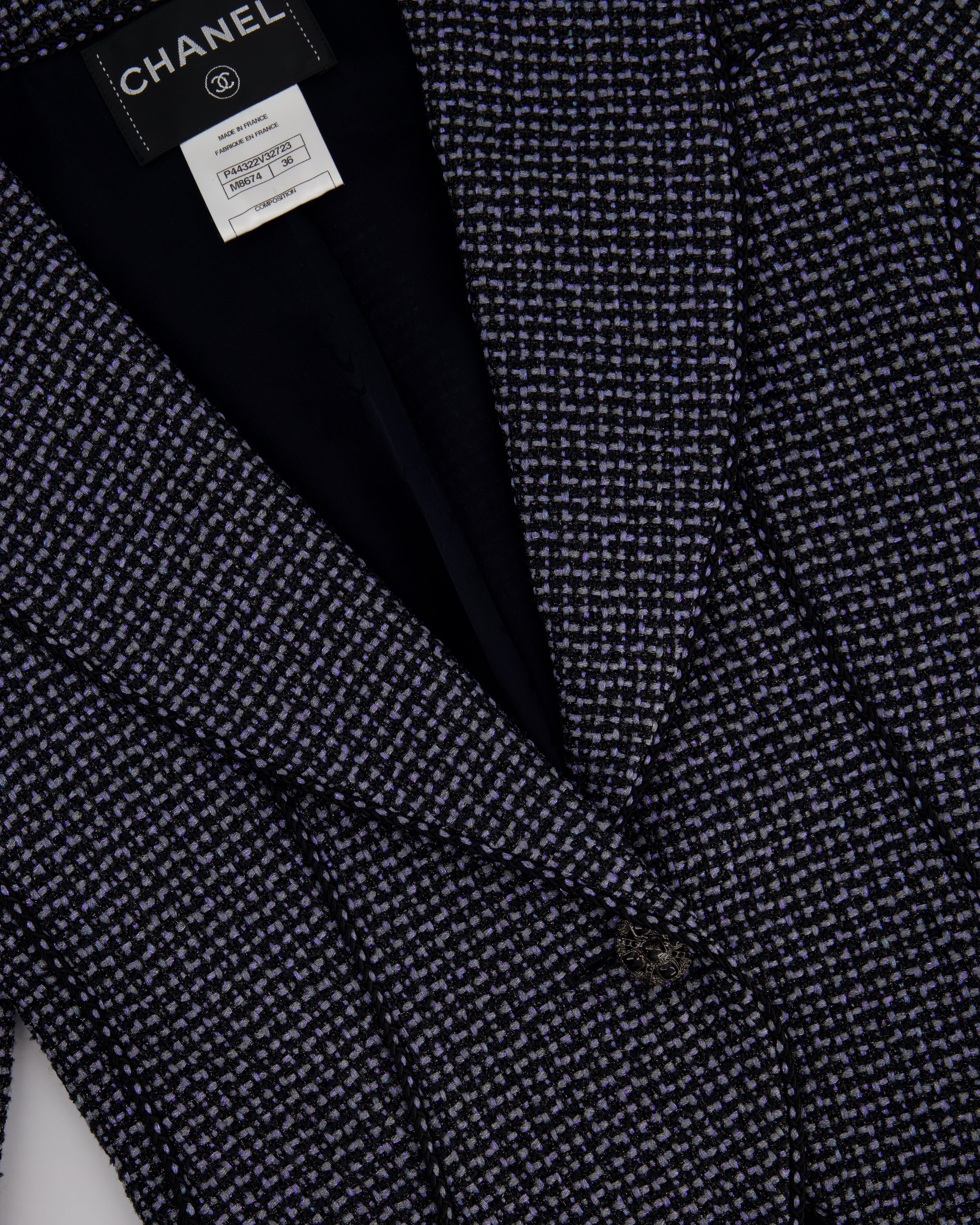 Top Quality Chanel Black & Grey Metallic Tweed Curved Hem Jacket with Ruthenium CC Button Detail FR 36 (UK 8)