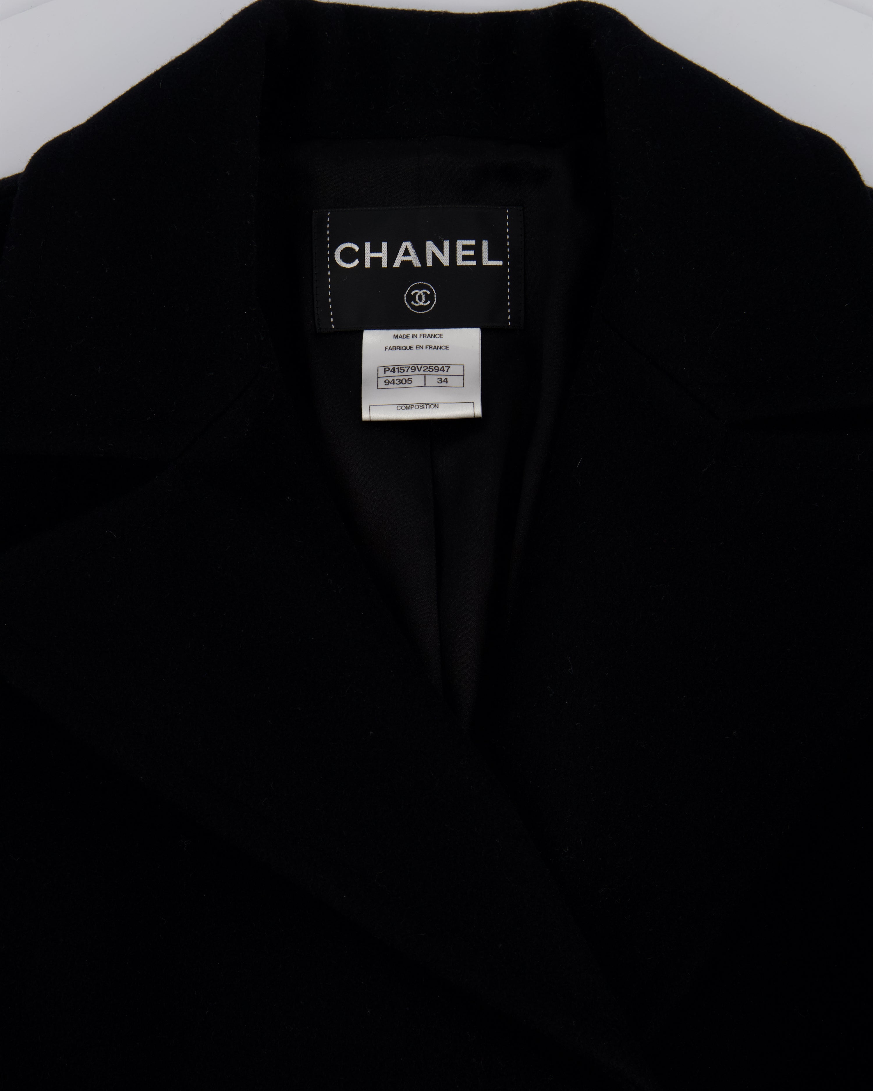 Top Quality Chanel Black Wool Coat with Square Ruthenium CC Logo Buttons Size FR 34 (UK 6)