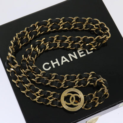 Top Quality Chanel Chain Belt Metal Leather Gold Tone Black CC Auth ar9801B