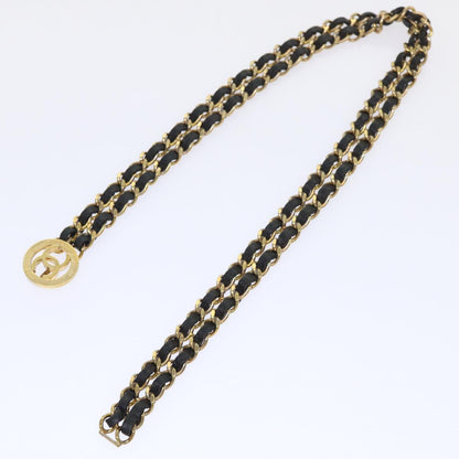 Top Quality Chanel Chain Belt Metal Leather Gold Tone Black CC Auth ar9801B