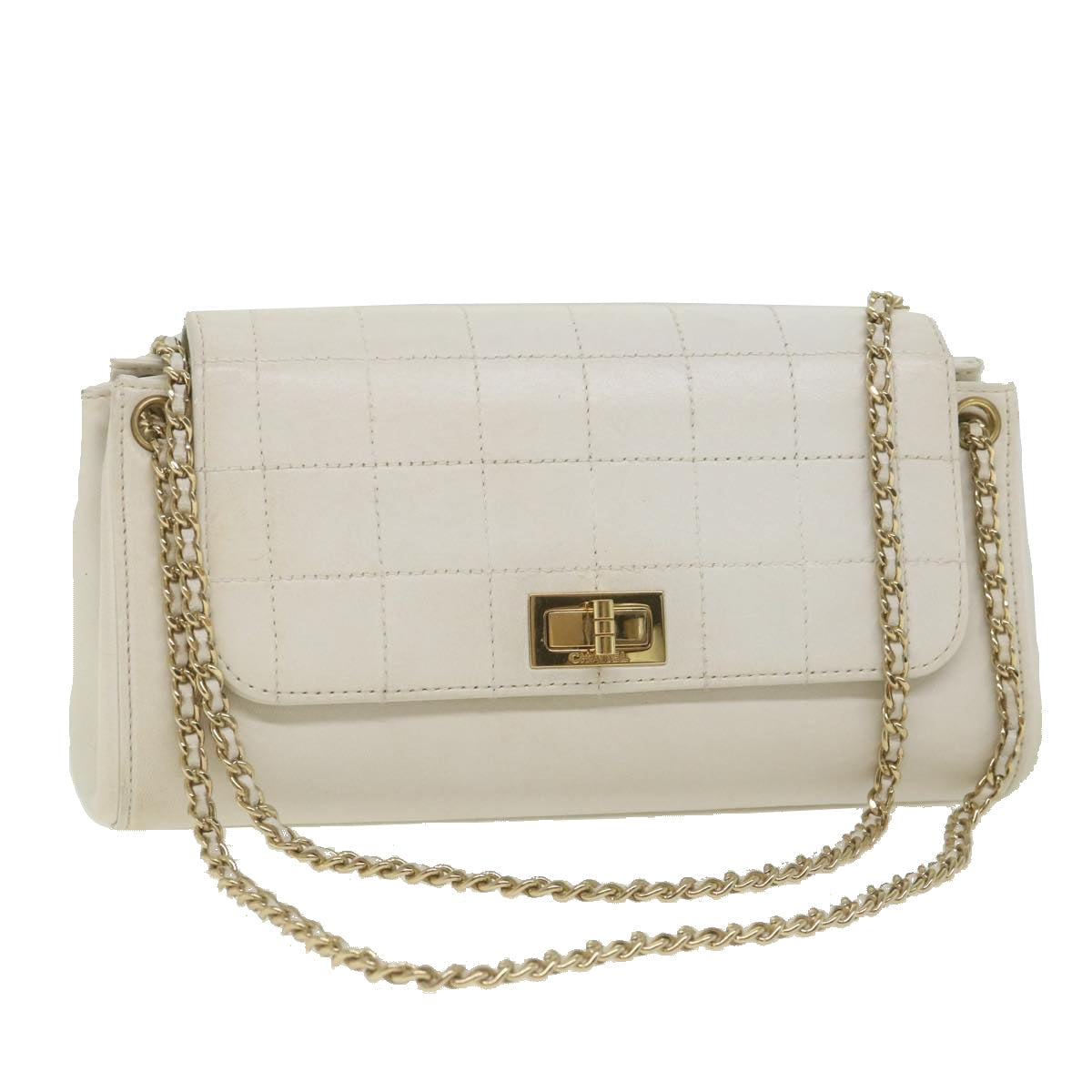 Top Quality Chanel Choco Bar line Chain Shoulder Bag Leather White CC Auth bs10047