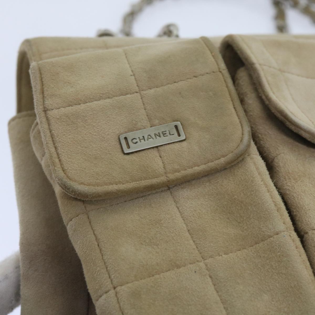 Top Quality Chanel Choco Bar Chain Shoulder Bag Suede Beige CC Auth bs11679