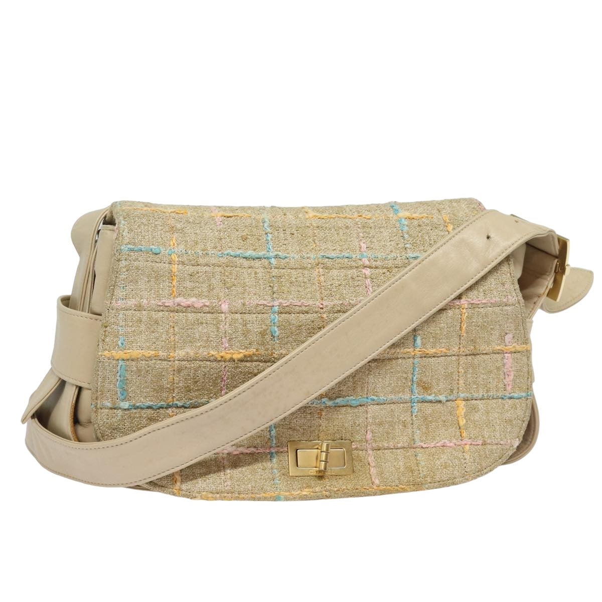Top Quality Chanel Choco Bar Turn Lock Shoulder Bag Wool Multicolor CC Auth bs15780
