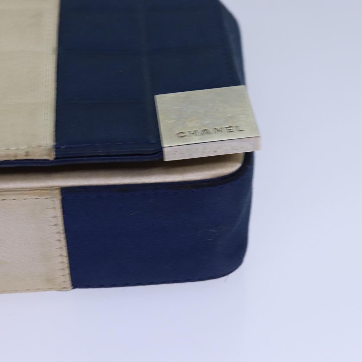 Top Quality Chanel Choco Bar Chain Hand Bag Satin Beige Navy CC Auth bs16725