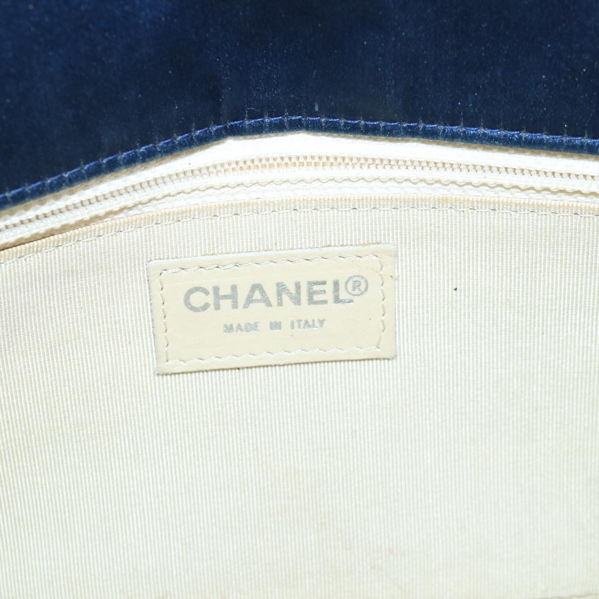 Top Quality Chanel Choco Bar Chain Hand Bag Satin Beige Navy CC Auth bs16725