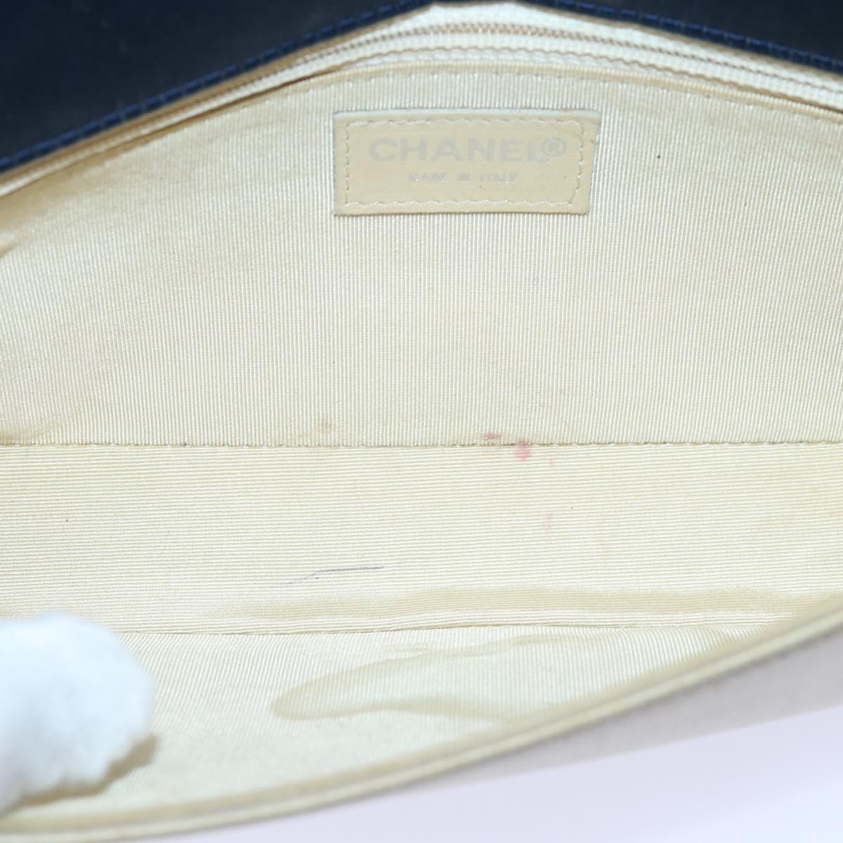 Top Quality Chanel Choco Bar Chain Hand Bag Satin Beige Navy CC Auth bs16725