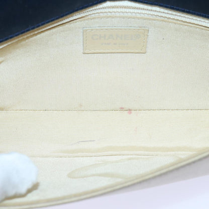 Top Quality Chanel Choco Bar Chain Hand Bag Satin Beige Navy CC Auth bs16725
