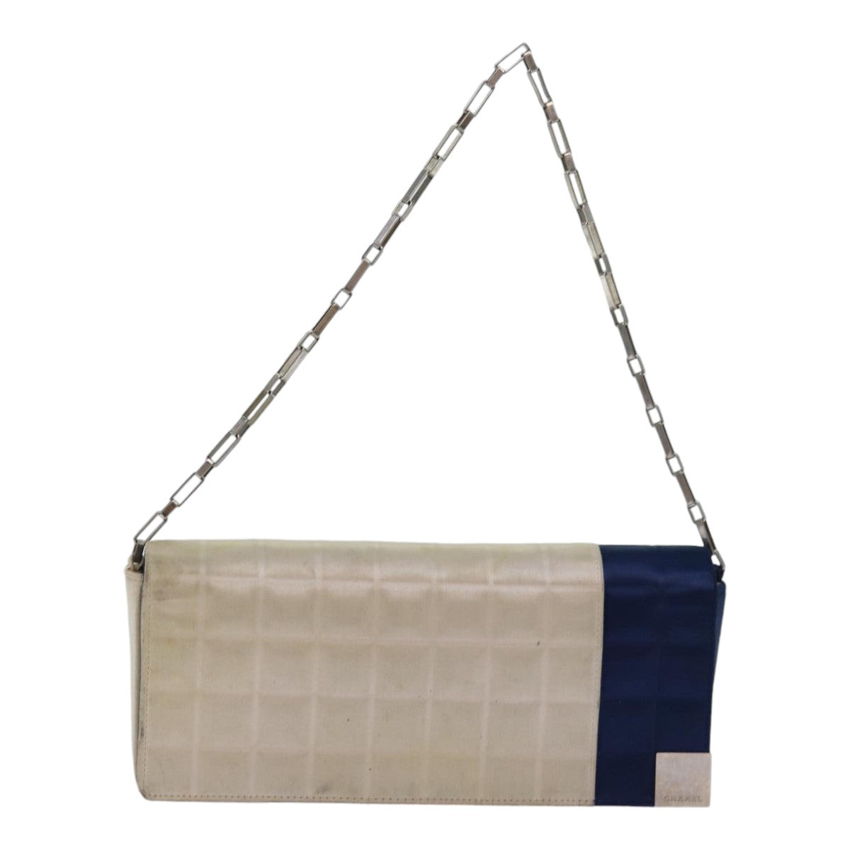Top Quality Chanel Choco Bar Chain Hand Bag Satin Beige Navy CC Auth bs16725