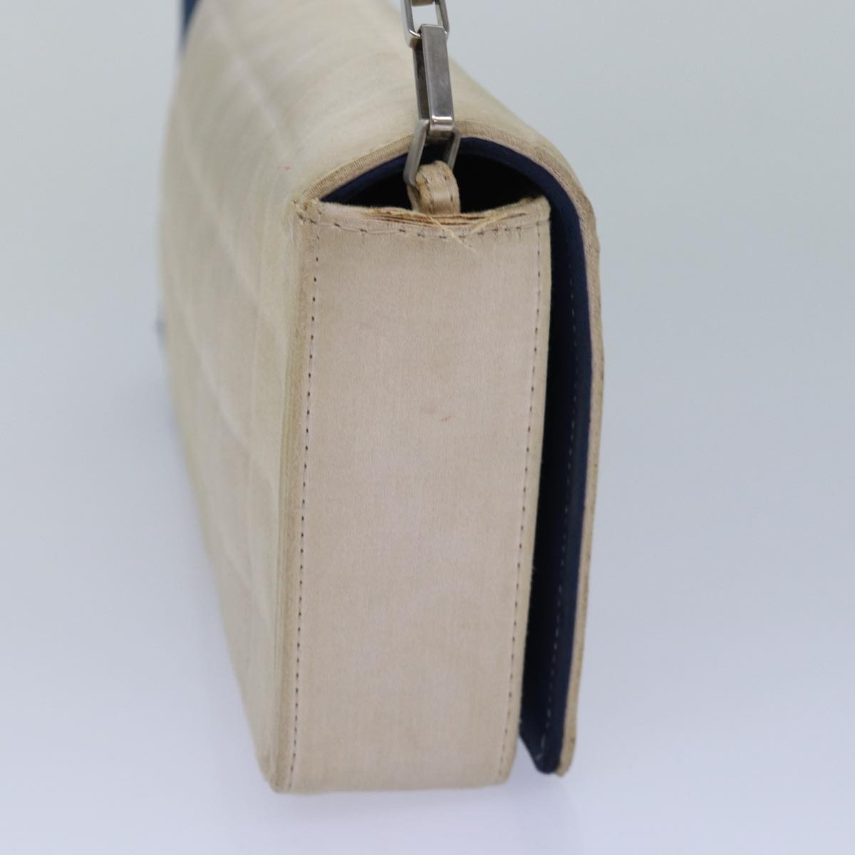 Top Quality Chanel Choco Bar Chain Hand Bag Satin Beige Navy CC Auth bs16725