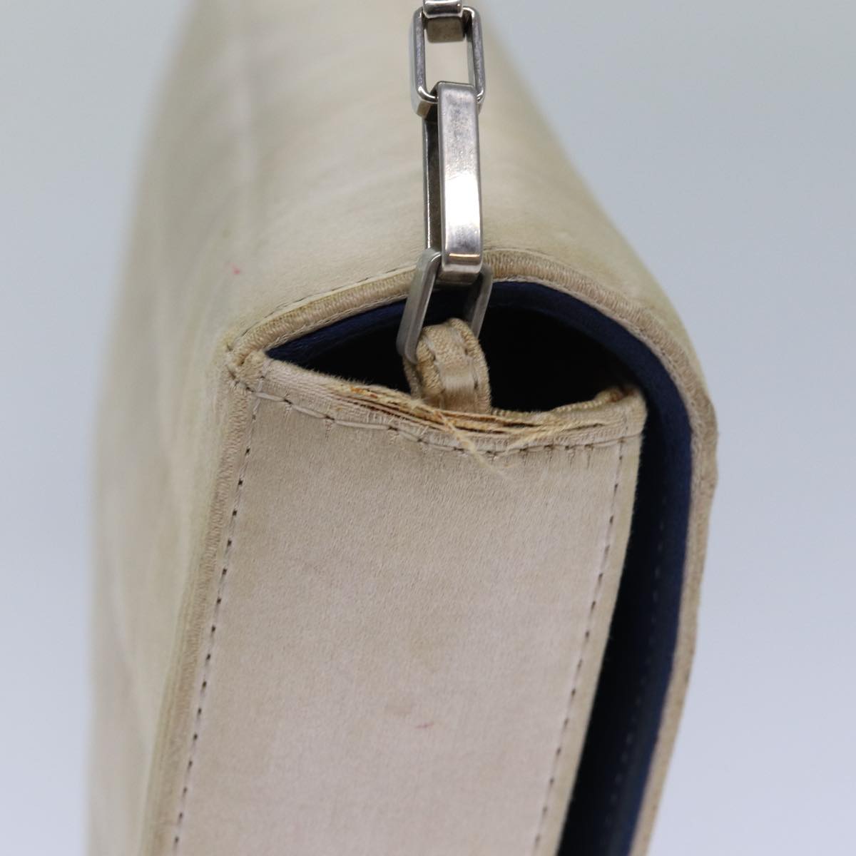 Top Quality Chanel Choco Bar Chain Hand Bag Satin Beige Navy CC Auth bs16725