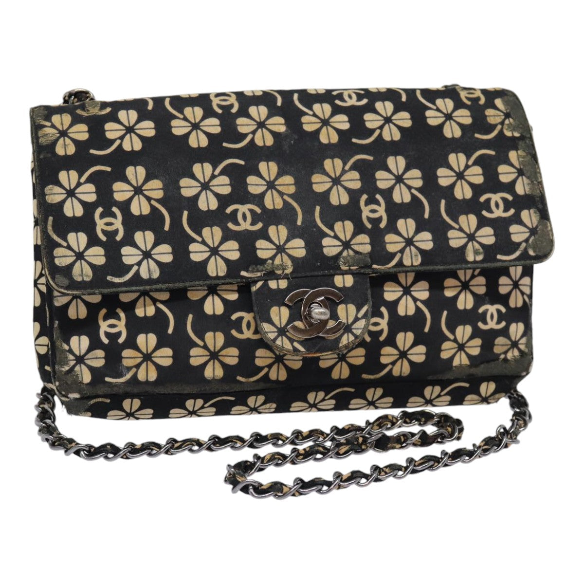 Top Quality Chanel Clover Turn Lock Chain Shoulder Bag Canvas Black Silver CC Auth bs16983