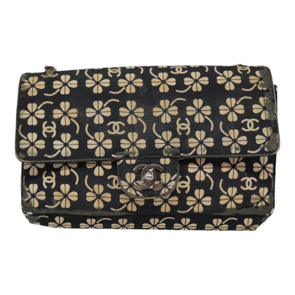 Top Quality Chanel Clover Turn Lock Chain Shoulder Bag Canvas Black Silver CC Auth bs16983