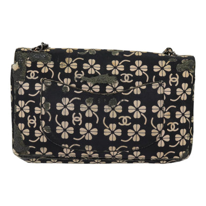 Top Quality Chanel Clover Turn Lock Chain Shoulder Bag Canvas Black Silver CC Auth bs16983
