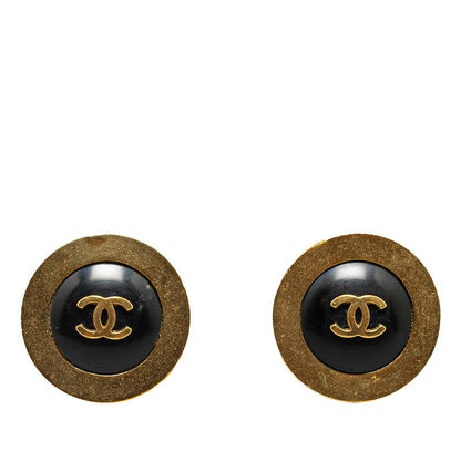 Top Quality Chanel Vintage Coco Mark Button Motif Earrings Black Gold
