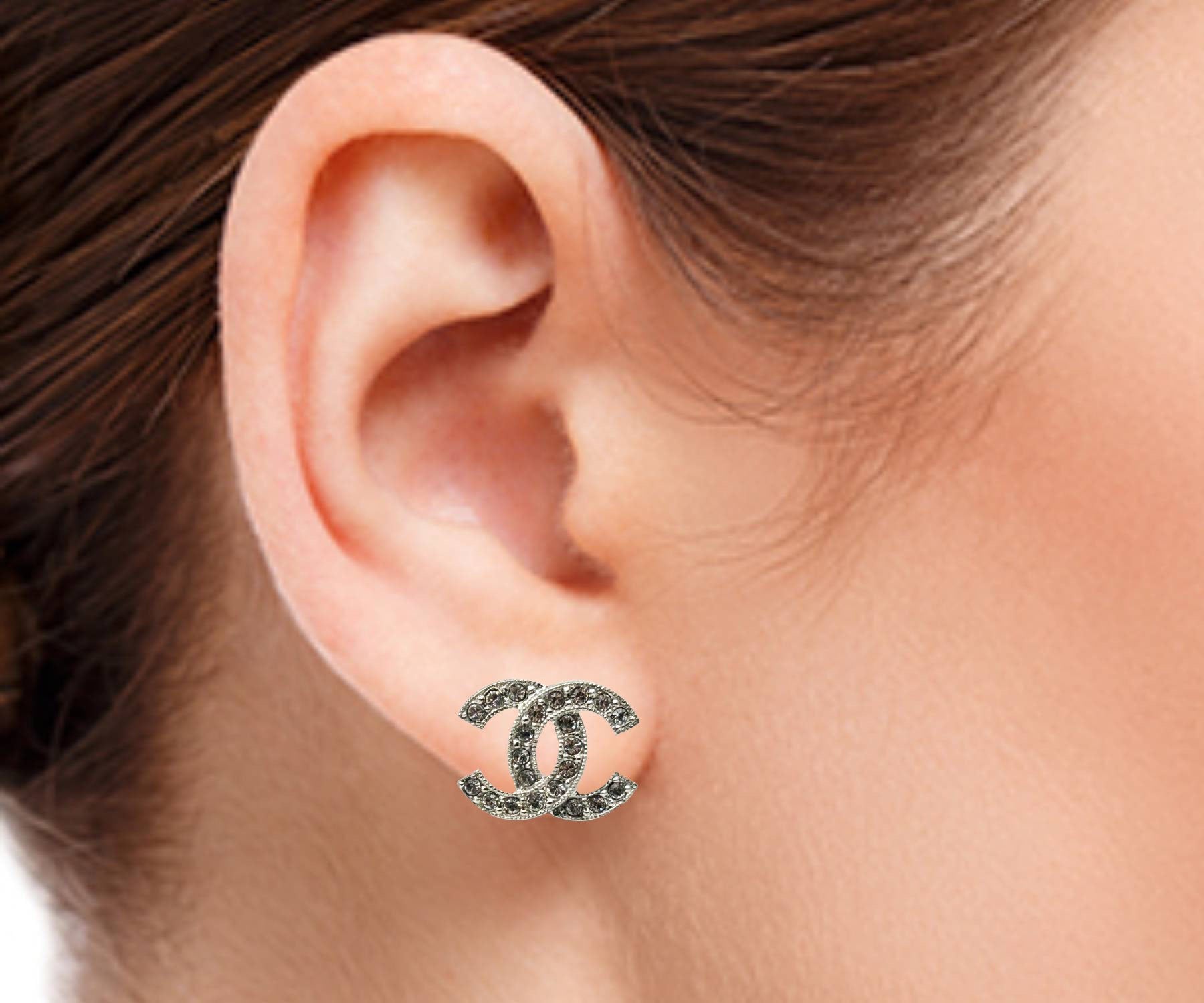 Top Quality Chanel Classic Silver CC Crystal Reissued Piercing Earrings