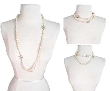 Top Quality Chanel Classic 2 Silver CC White Bead Pearl Necklace