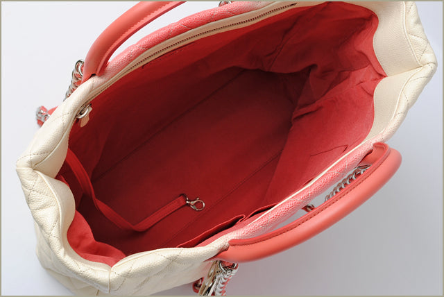 Top Quality Chanel Caviar Skin 2way Tote/Shoulder Bag Coral Pink/Ivory