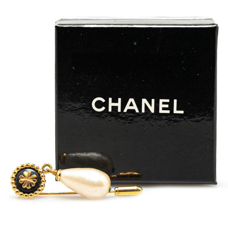 Top Quality Chanel Clover Motif Faux Pearl Brooch Gold Plated