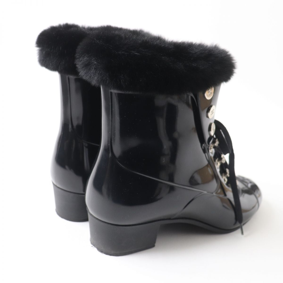 Top Quality Chanel COCO Mark Fur Lace-Up Rain Boots