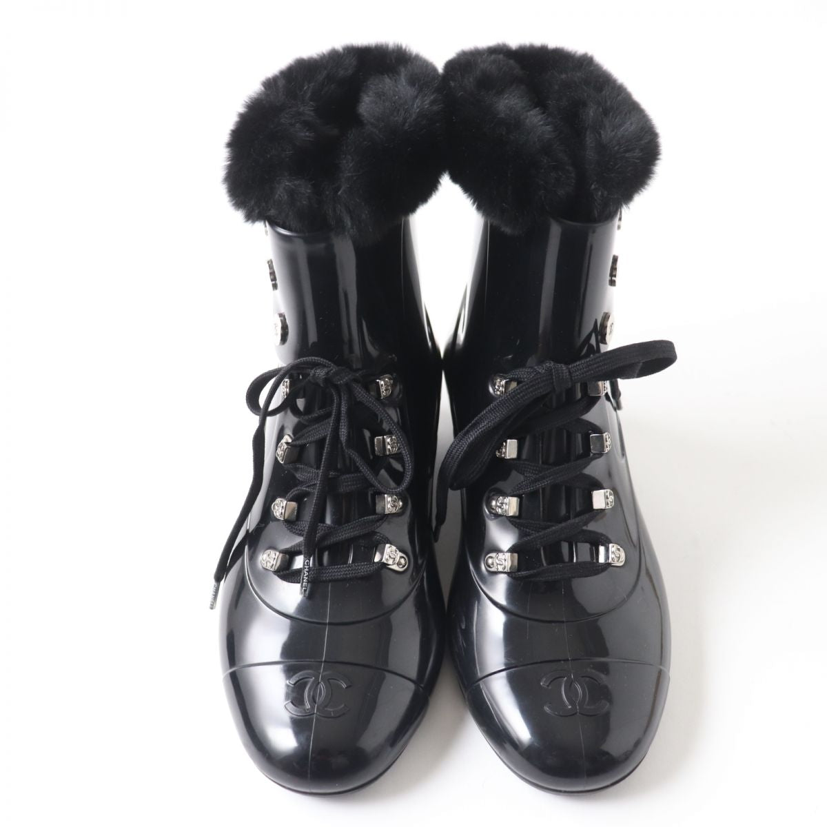 Top Quality Chanel COCO Mark Fur Lace-Up Rain Boots