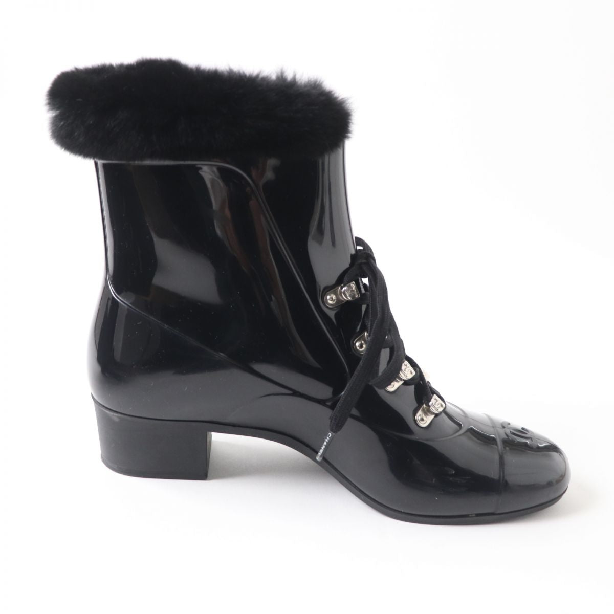 Top Quality Chanel COCO Mark Fur Lace-Up Rain Boots