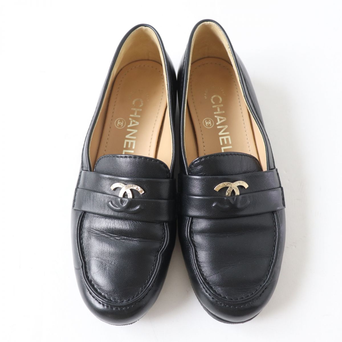 Top Quality Chanel COCO Mark Leather Loafers Black Gold