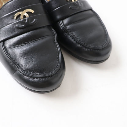 Top Quality Chanel COCO Mark Leather Loafers Black Gold