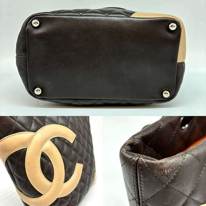 Top Quality Chanel Cambon Line Leather Tote Bag Dark Brown Beige