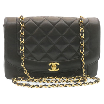 Top Quality Chanel Chain Turn Lock Diana Matelasse Shoulder Bag Lamb Skin Black Auth knn076