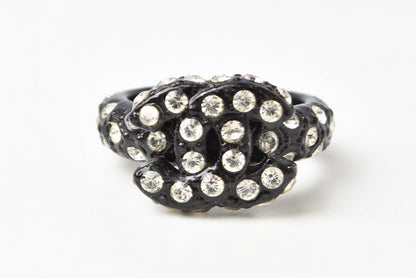Top Quality Chanel Coco Mark Rhinestone Black Ring Size 12
