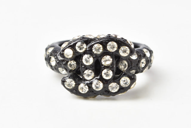 Top Quality Chanel Coco Mark Rhinestone Black Ring Size 12