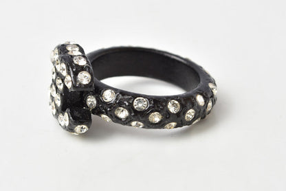 Top Quality Chanel Coco Mark Rhinestone Black Ring Size 12
