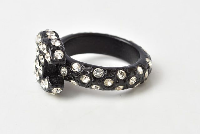 Top Quality Chanel Coco Mark Rhinestone Black Ring Size 12