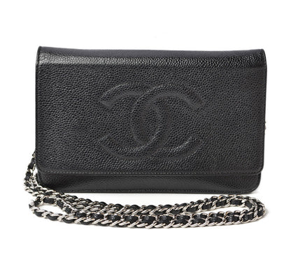 Top Quality Chanel Caviar Skin Chain Wallet Shoulder Bag Black Silver Hardware