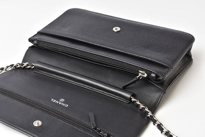 Top Quality Chanel Caviar Skin Chain Wallet Shoulder Bag Black Silver Hardware