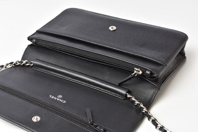Top Quality Chanel Caviar Skin Chain Wallet Shoulder Bag Black Silver Hardware