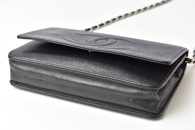 Top Quality Chanel Caviar Skin Chain Wallet Shoulder Bag Black Silver Hardware