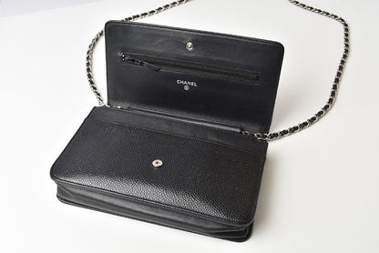 Top Quality Chanel Caviar Skin Chain Wallet Shoulder Bag Black Silver Hardware