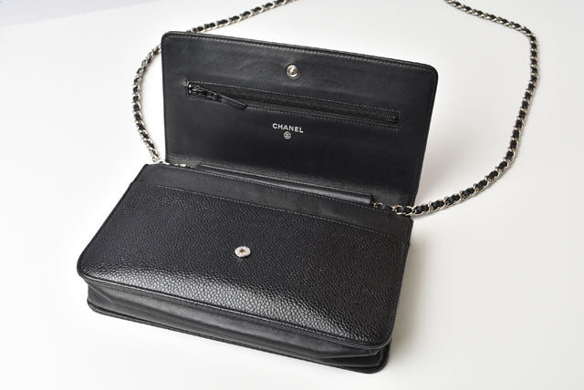 Top Quality Chanel Caviar Skin Chain Wallet Shoulder Bag Black Silver Hardware